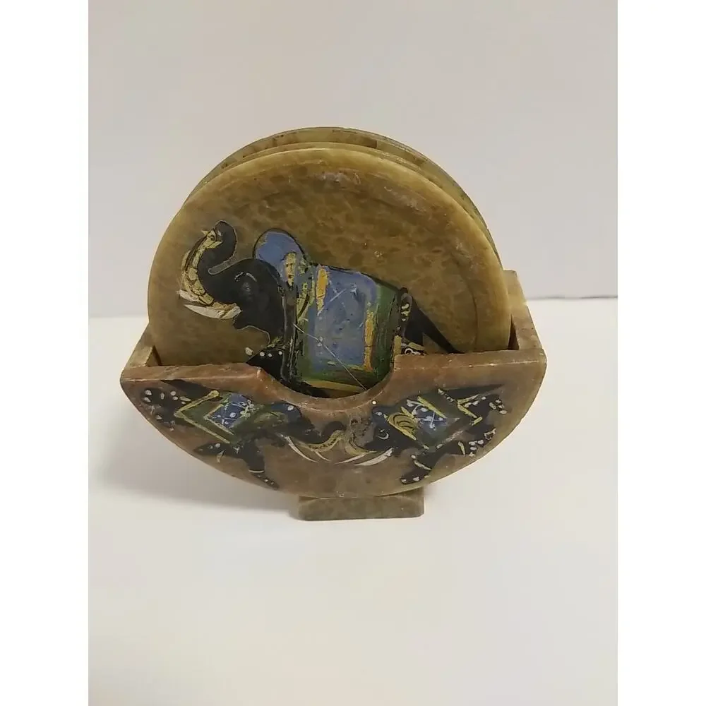 Vintage Marble Coasters (6) & Holder; Elephant Art Hand painted Home Decor India